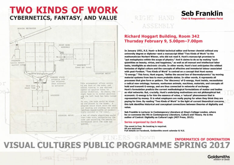 Seb Franklin, Informatics of Domination, Department of Visual Cultures Spring 2017 Public Programme, Goldsmiths, University of London